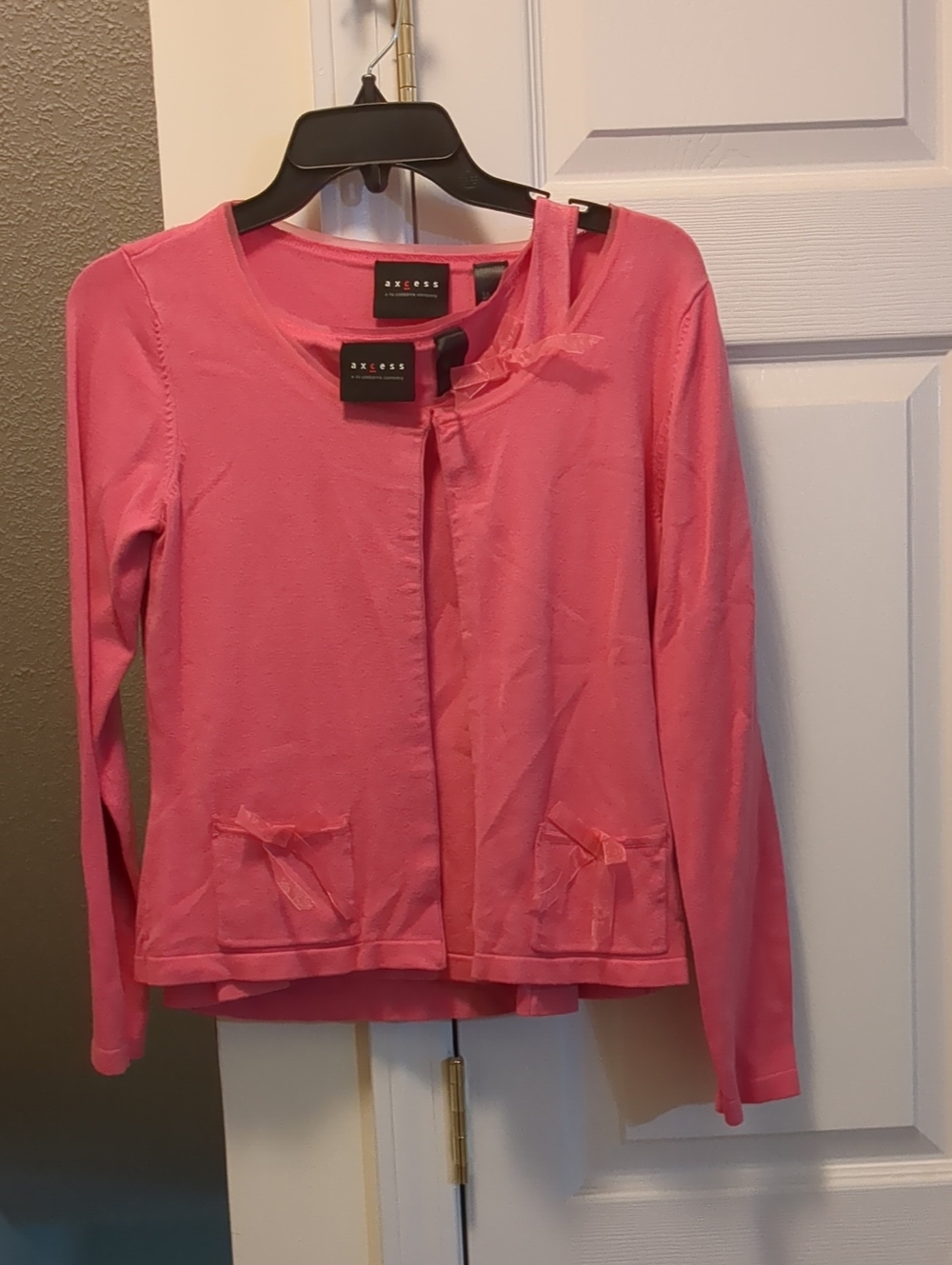 Y2K Axcess Bright Carnation Pink Open-Front Cardigan Sweater with Accent Bows
